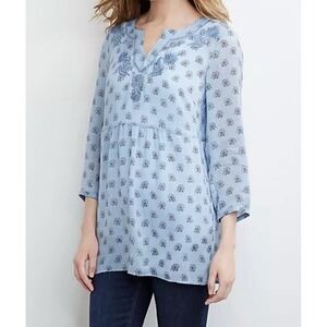 J. Jill Blue Floral Embroidered Empire Waist Tunic Blouse XL Womens 3/4 Sleeve